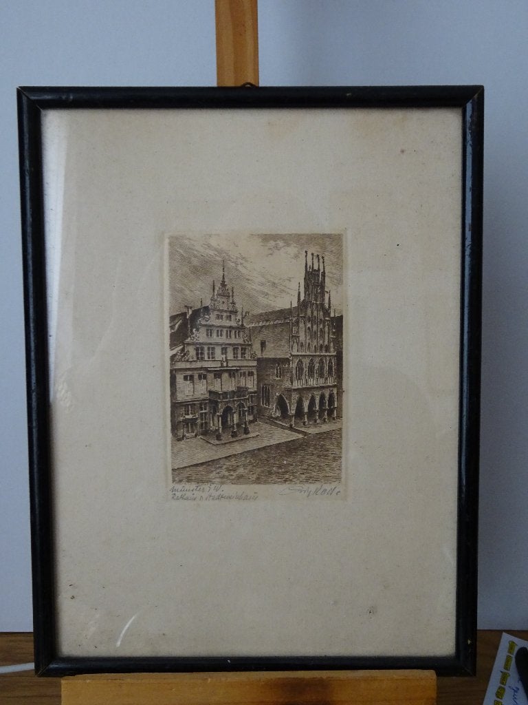 Rathaus in Munster - Onbekende kunstenaar, Antiek en Kunst, Kunst | Etsen en Gravures, Ingelijst, 25 cm, Ets, Stadsgezicht