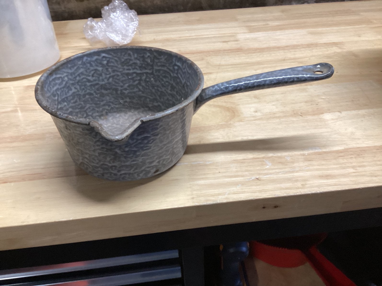 Grijs / blauw gewolkt emaille steelpannetje, Ophalen of Verzenden