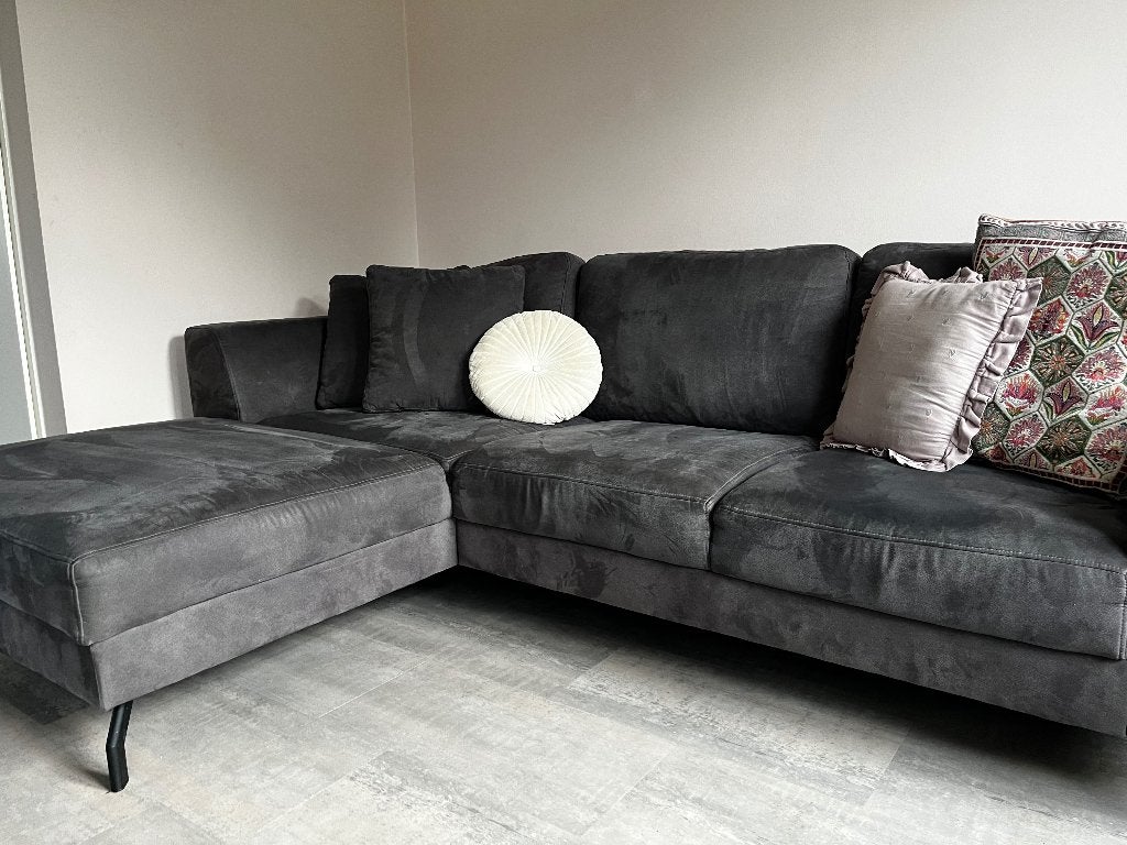 Moderne donkergrijze hoekbank met chaise longue, Ophalen, 250 tot 300 cm, Gebruikt, Hoekbank