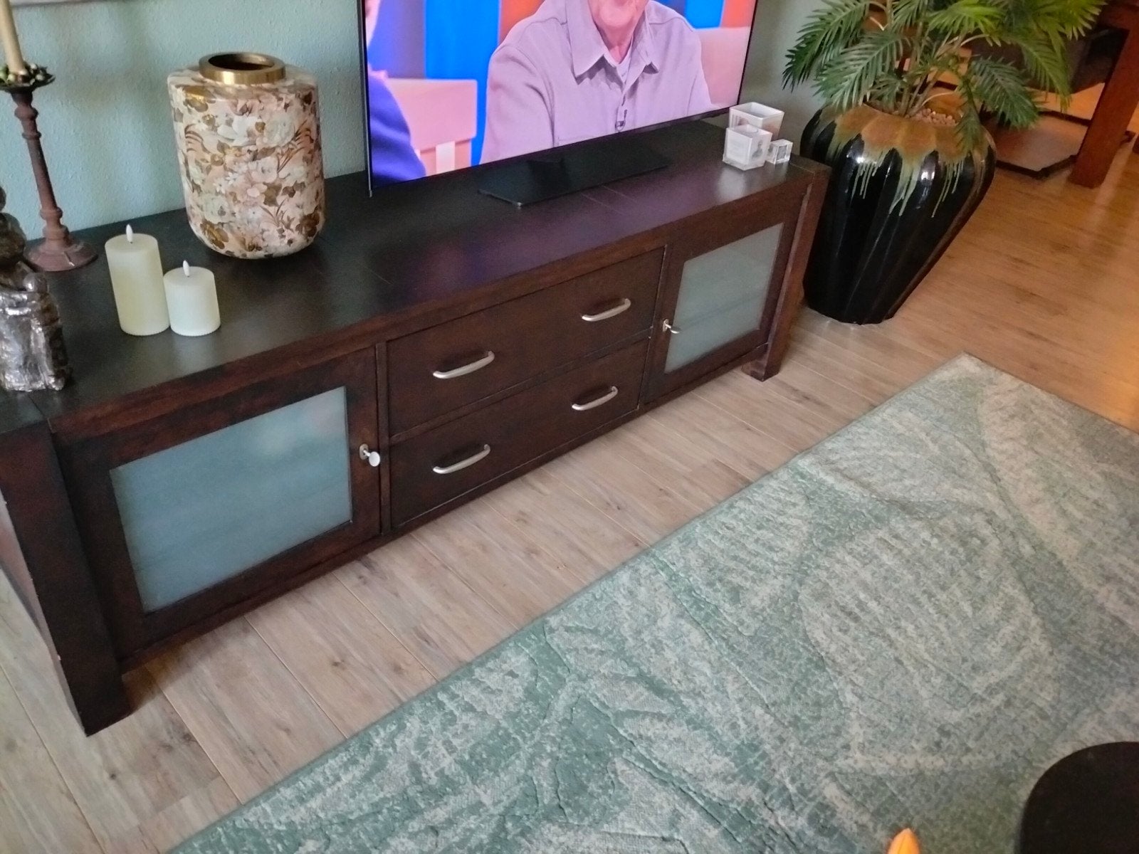 TV meubel teakhout., Ophalen, 150 tot 200 cm, Teakhout, Zo goed als nieuw