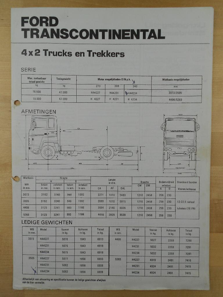Ford Transcontinental 4x2 Technische Brochure 1975, Ford, Ophalen of Verzenden, Zo goed als nieuw, Ford