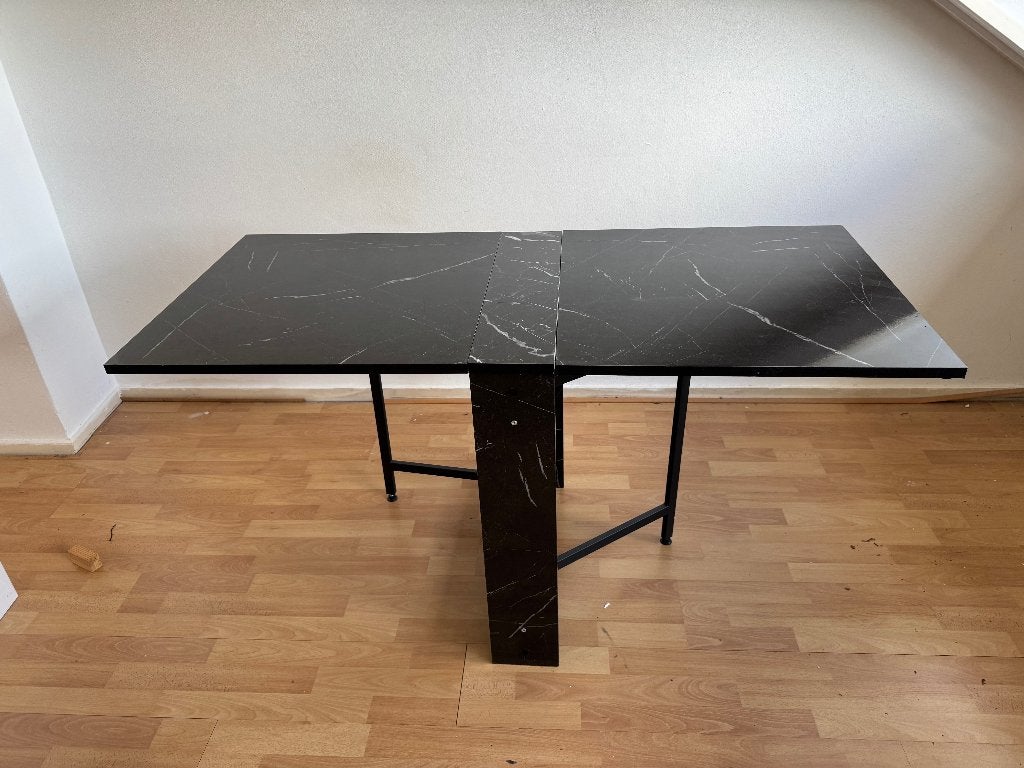 Compacte opklapbare eettafel met marmerlook, Ophalen, Gebruikt, 100 tot 150 cm, Overige materialen