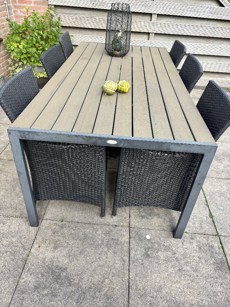 Jutlandia tuinset met 6 stoelen (wicker) + grijze kussens, Ophalen, Gebruikt, 6 zitplaatsen, Wicker