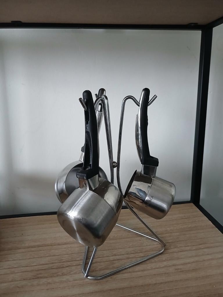 Set van 3 RVS Melkkannetjes / Turkse Koffiepotjes, Overige typen, Zilver, Ophalen of Verzenden, Zo goed als nieuw