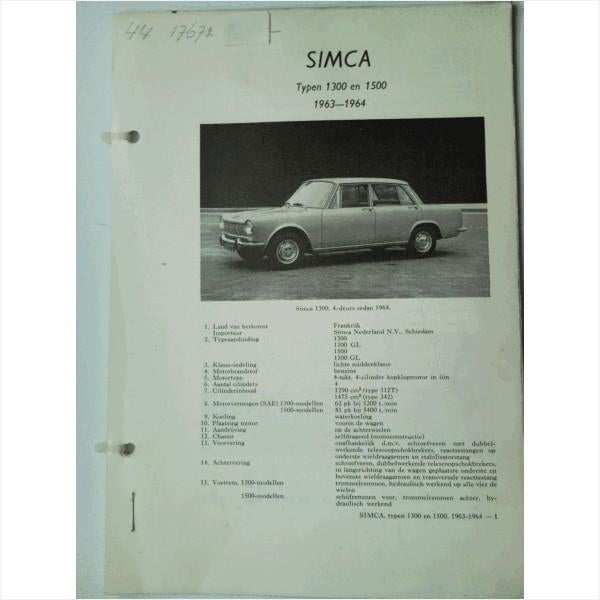 Simca 1300 1500 Vraagbaak losbladig 1963-1964 #2 Nederlands, Ophalen of Verzenden, Gelezen, Overige merken