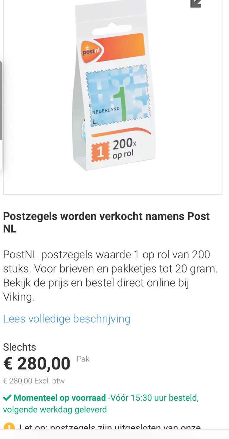 PostNL Postzegels Waarde 1 op rol (200 stuks), Ophalen of Verzenden, Na 1940, Postfris