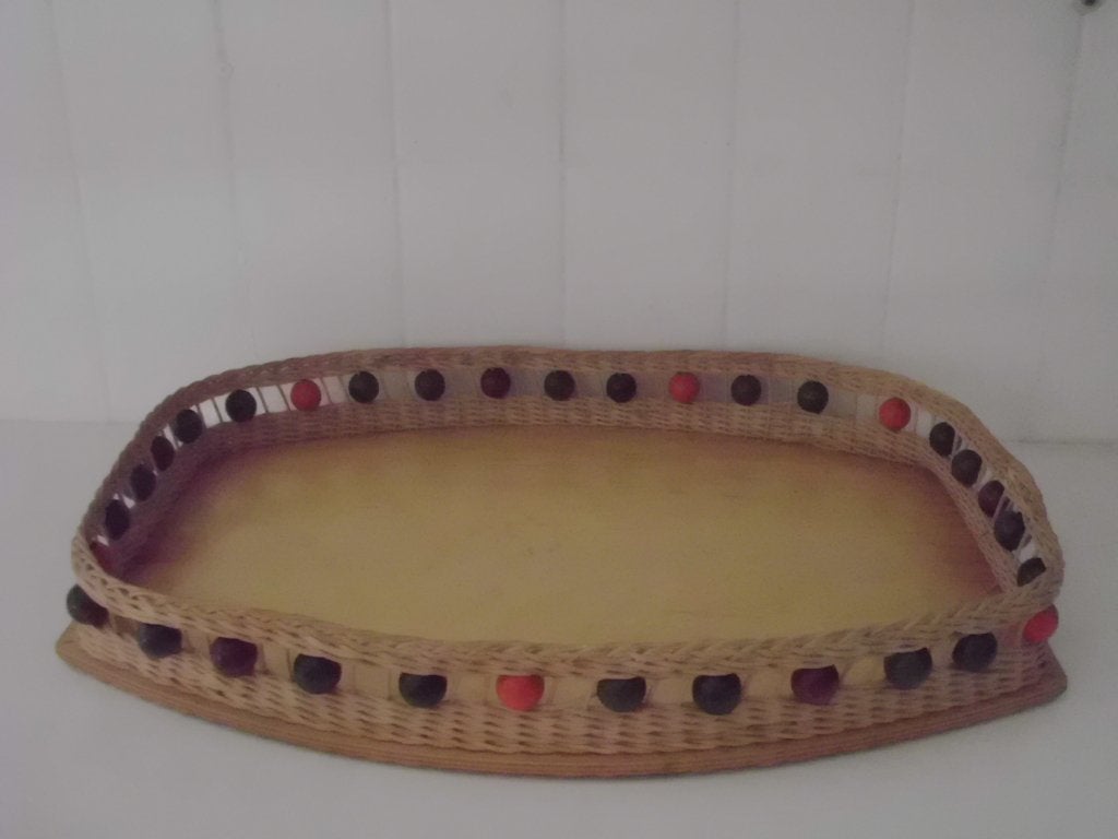 Triplex houten groot dienblad retro brocante, riet en kralen, Huis en Inrichting, Woonaccessoires | Dienbladen, Ophalen, Gebruikt