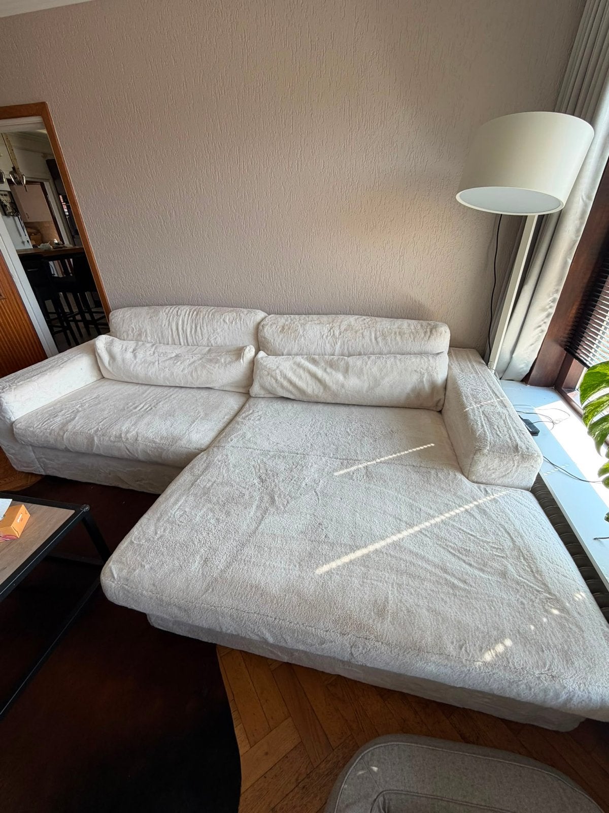 Fluffy Crème Witte Hoekbank, Huis en Inrichting, Ophalen, 250 tot 300 cm, 100 tot 125 cm, Hoekbank