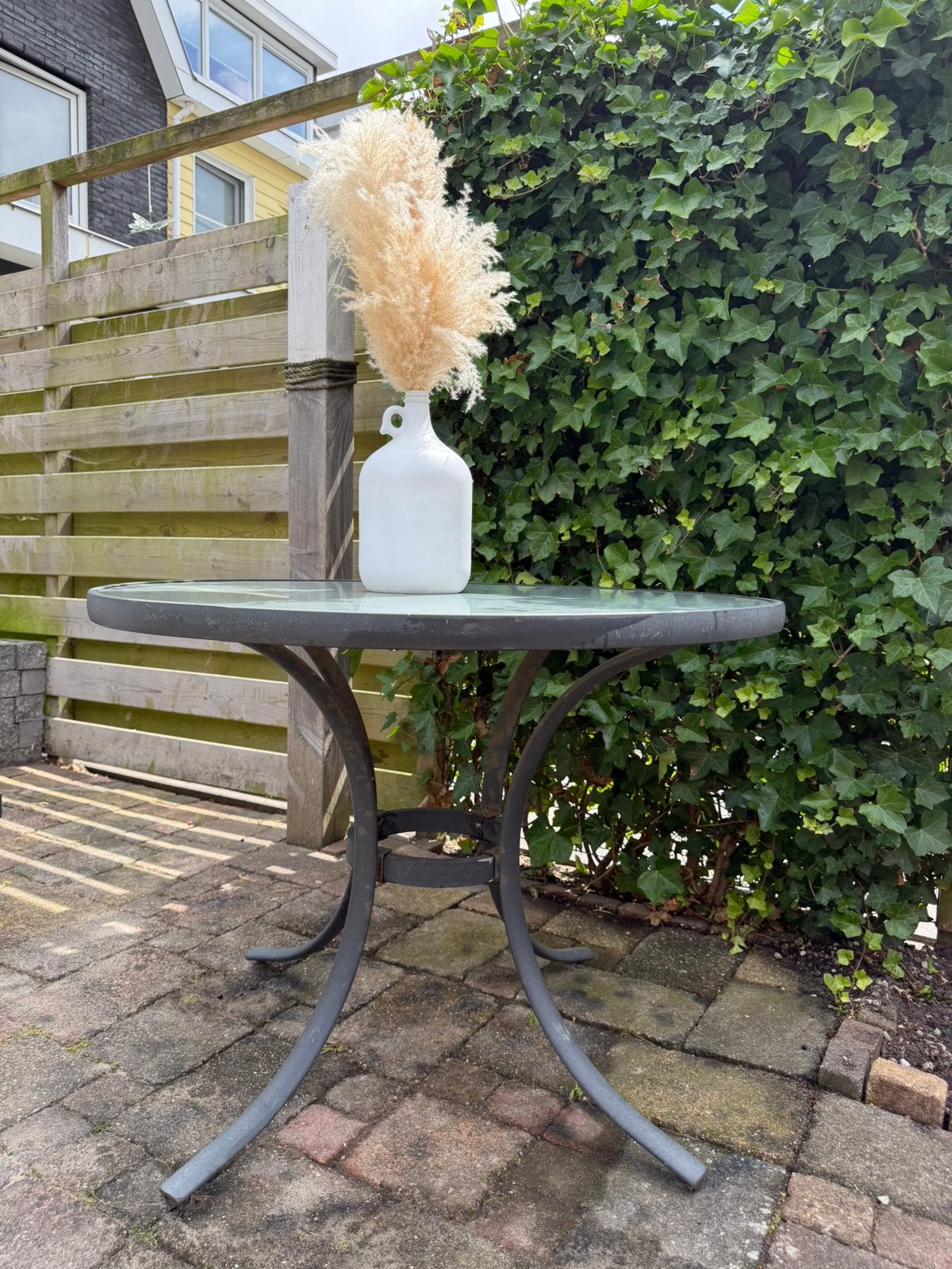 Metalen tafel met glasplaat (veelgebruikt), Ophalen, Gebruikt, Rond, Metaal