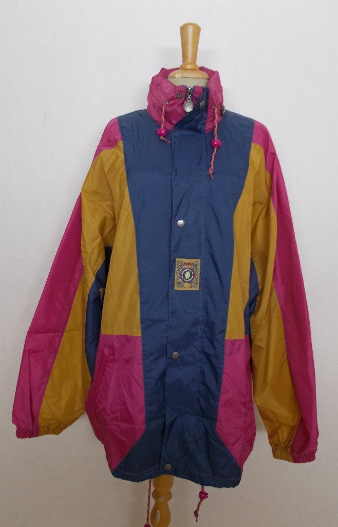 Vintage vrolijke kleuren oldschool (regen)jas van AGU! L, Verzenden, Zo goed als nieuw, Maat 42/44 (L), Meerkleurig