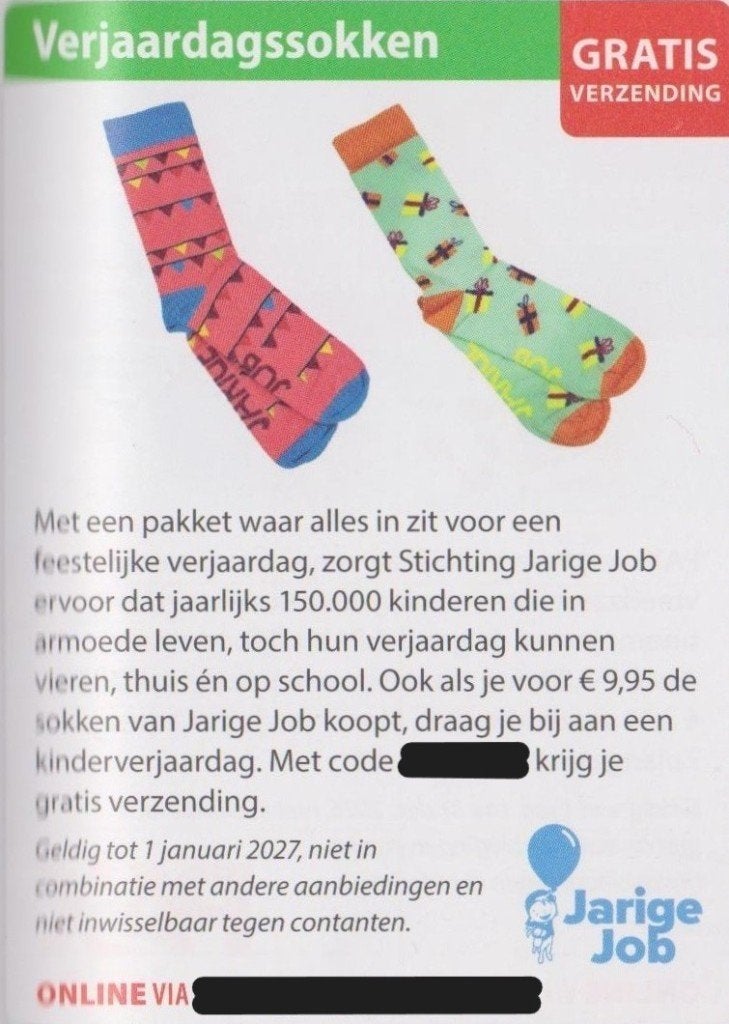 Verjaardagssokken. € 9,95. Gratis verzending. Postcode bon., Eén persoon, Kortingsbon, Warenhuis- of Winkelbon