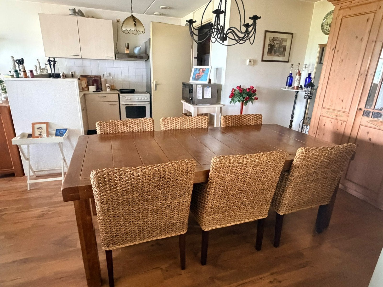 Mooie robuuste houten eettafel met 6 eetkamerstoelen, Ophalen, Gebruikt, 4 tot 6 stoelen