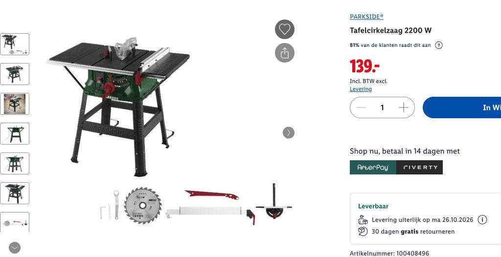 PARKSIDE tafelcirkelzaag 2200 W – NIEUW mét garantie – €99, Doe-het-zelf en Verbouw, Ophalen, Cirkelzaag, 70 mm of meer, Nieuw