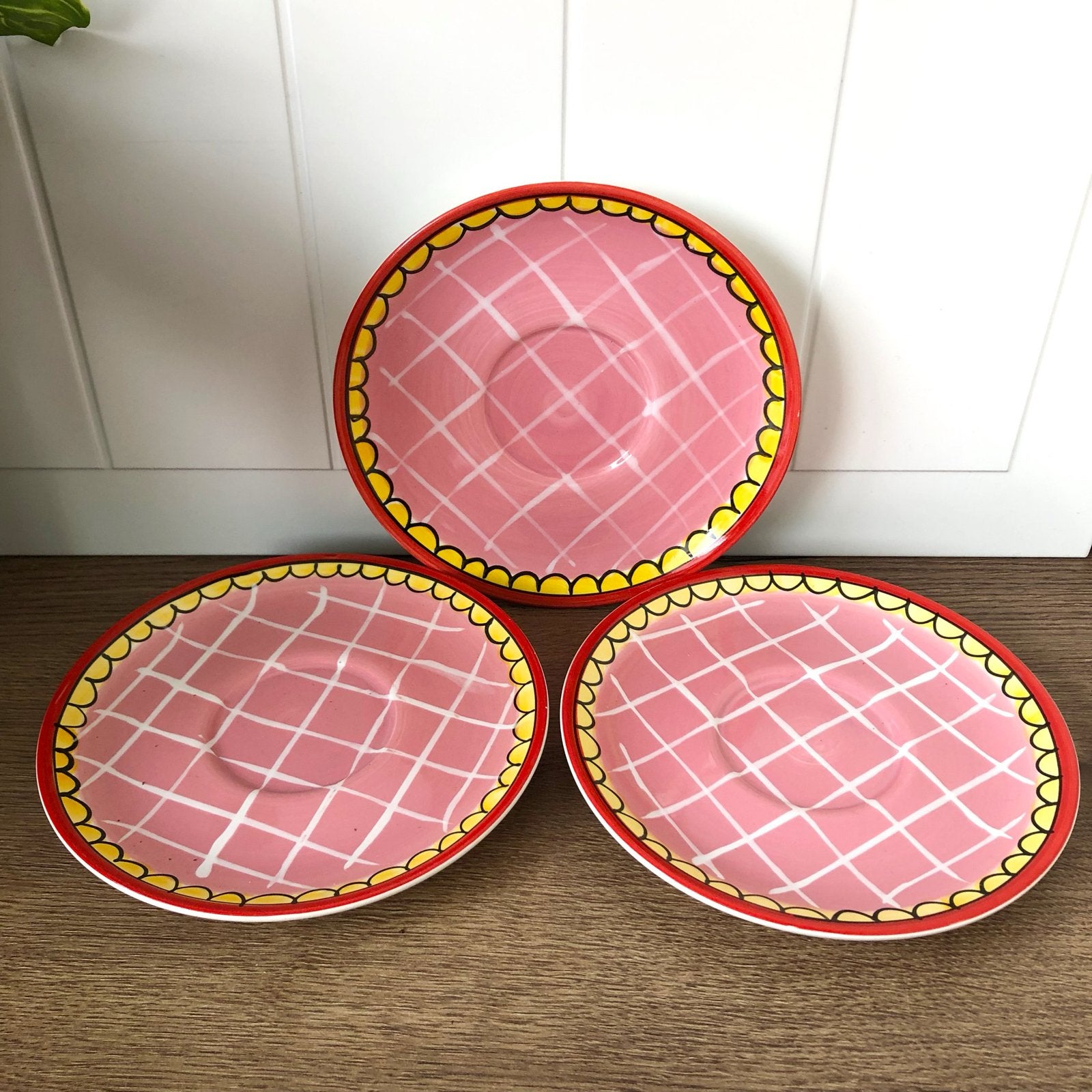 3 Blond Amsterdam schotels roze ruit, Gebruikt, Keramiek, Ophalen of Verzenden, Modern