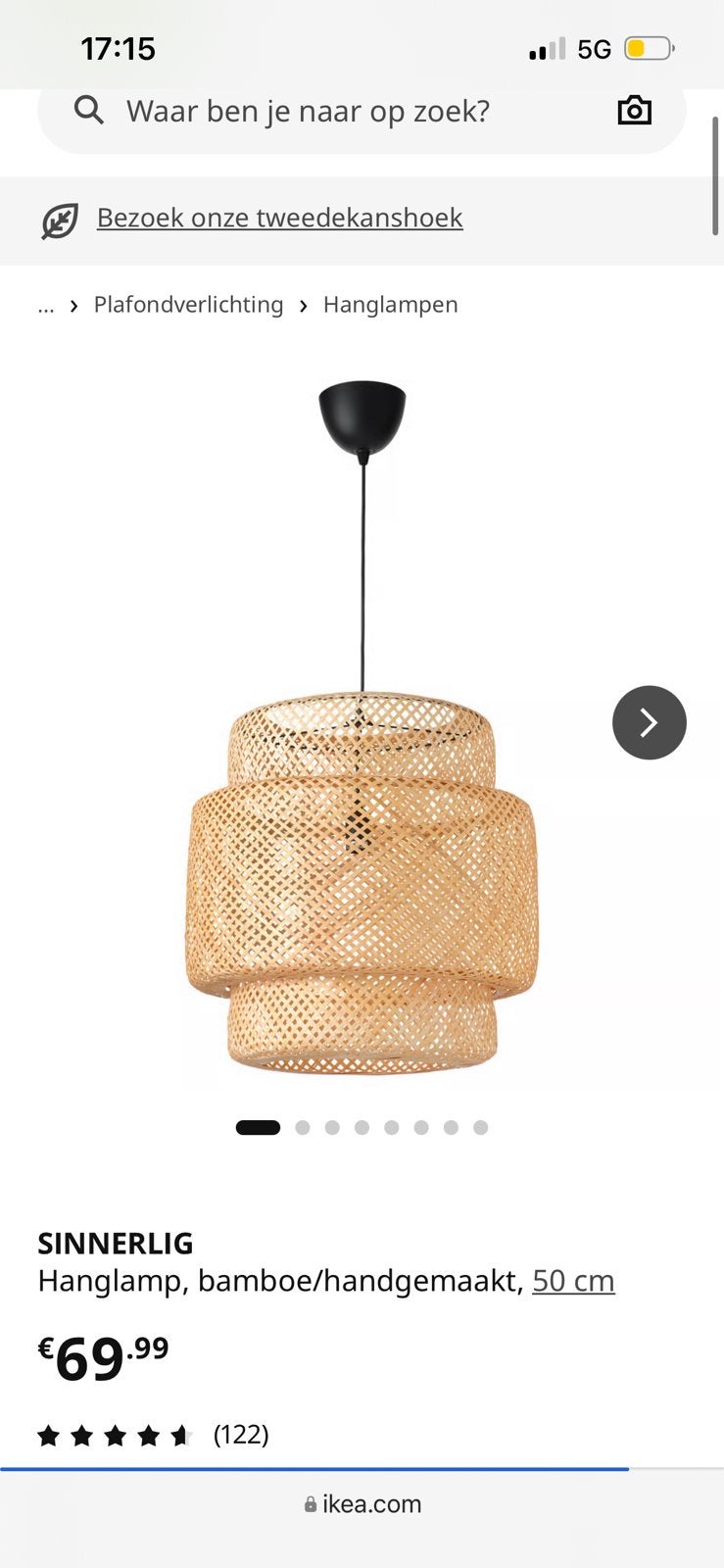 IKEA SINNERLIG Hanglamp, Ophalen, Zo goed als nieuw, Natuurlijk materiaal, E27 (groot)