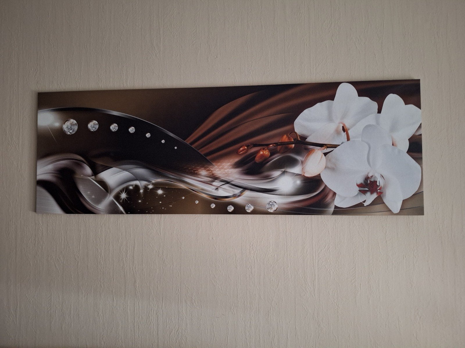Schilderij met orchideeën en abstract design - 45x135 cm, Ophalen, Gebruikt, 125 cm of meer, Schilderij