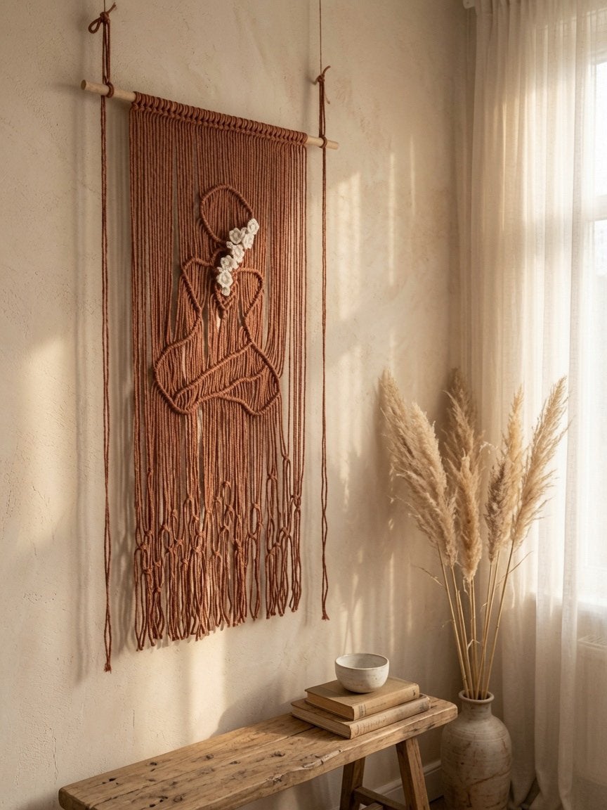 Macrame wandhanger- vrouw met bloemen, Ophalen of Verzenden, Zo goed als nieuw