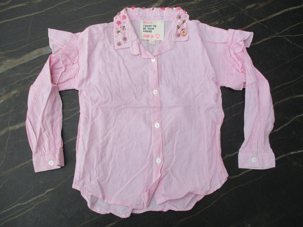 Mim-Pi blouse roze / wit gestreept maat 104 lange mouwen, Meisje, Overhemd of Blouse, Ophalen of Verzenden, Zo goed als nieuw