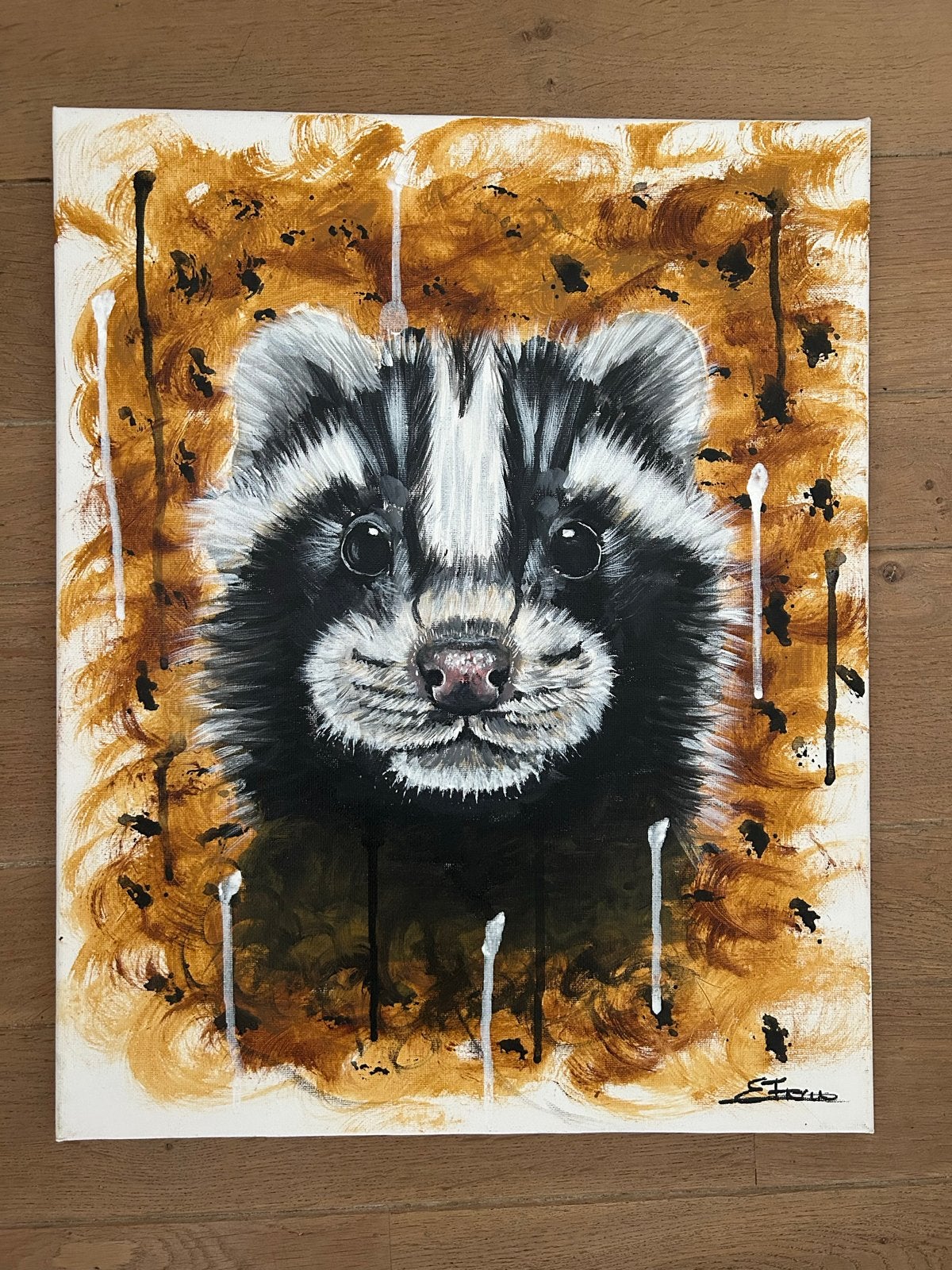 Schilderij wasbeer 40x50 cm, acrylverf, gesigneerd, Acrylverf, Dieren, Textiel, Gelakt/vernis