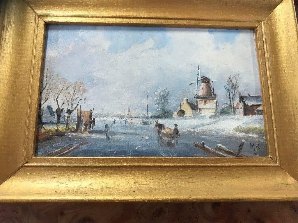 olieverf paneel winters tafereel ijspret molen, Antiek en Kunst, Kunst | Schilderijen | Klassiek, Paneel, Ophalen of Verzenden