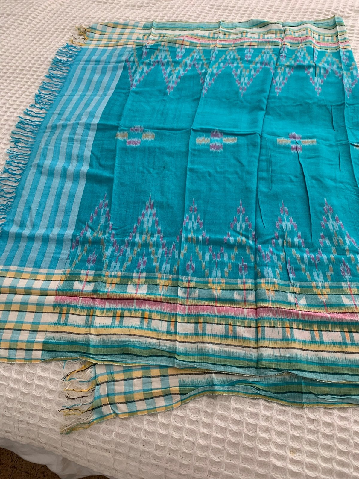 Turquoise en geel geruite sarong met franjes, Ophalen of Verzenden, Nieuw, Geel, Overige typen