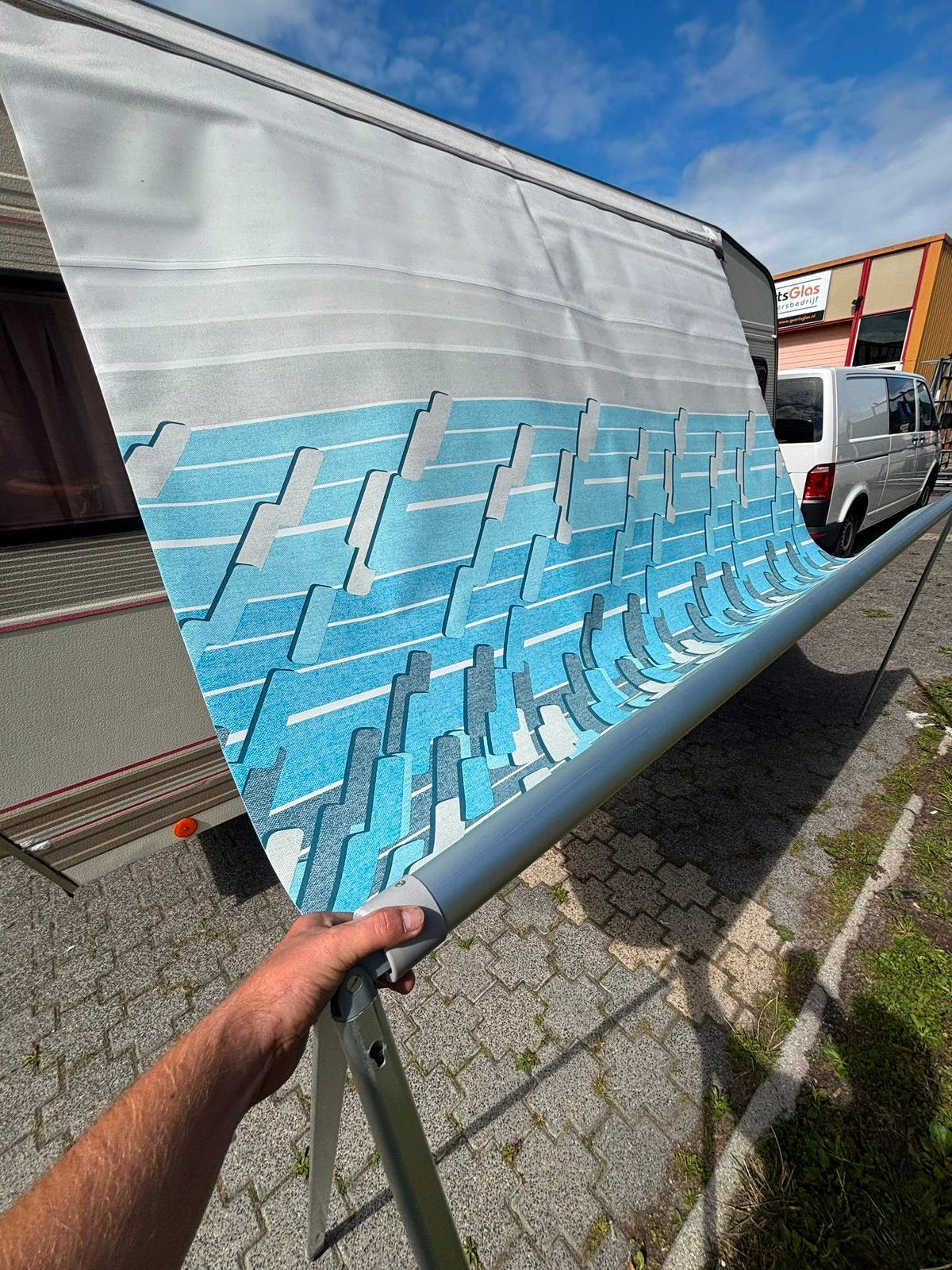 Mooie blauw-grijze Fiamma Zakluifel 280cm lang zgan, Ophalen, Zo goed als nieuw