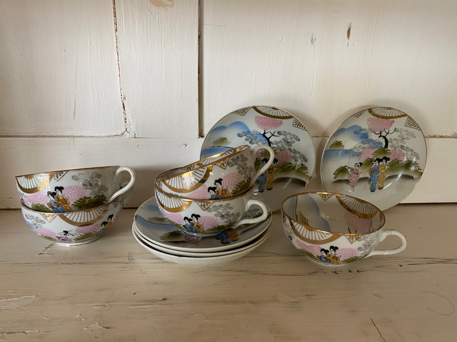 Antieke set kop en schotels, eierschaal porselein, Ophalen of Verzenden