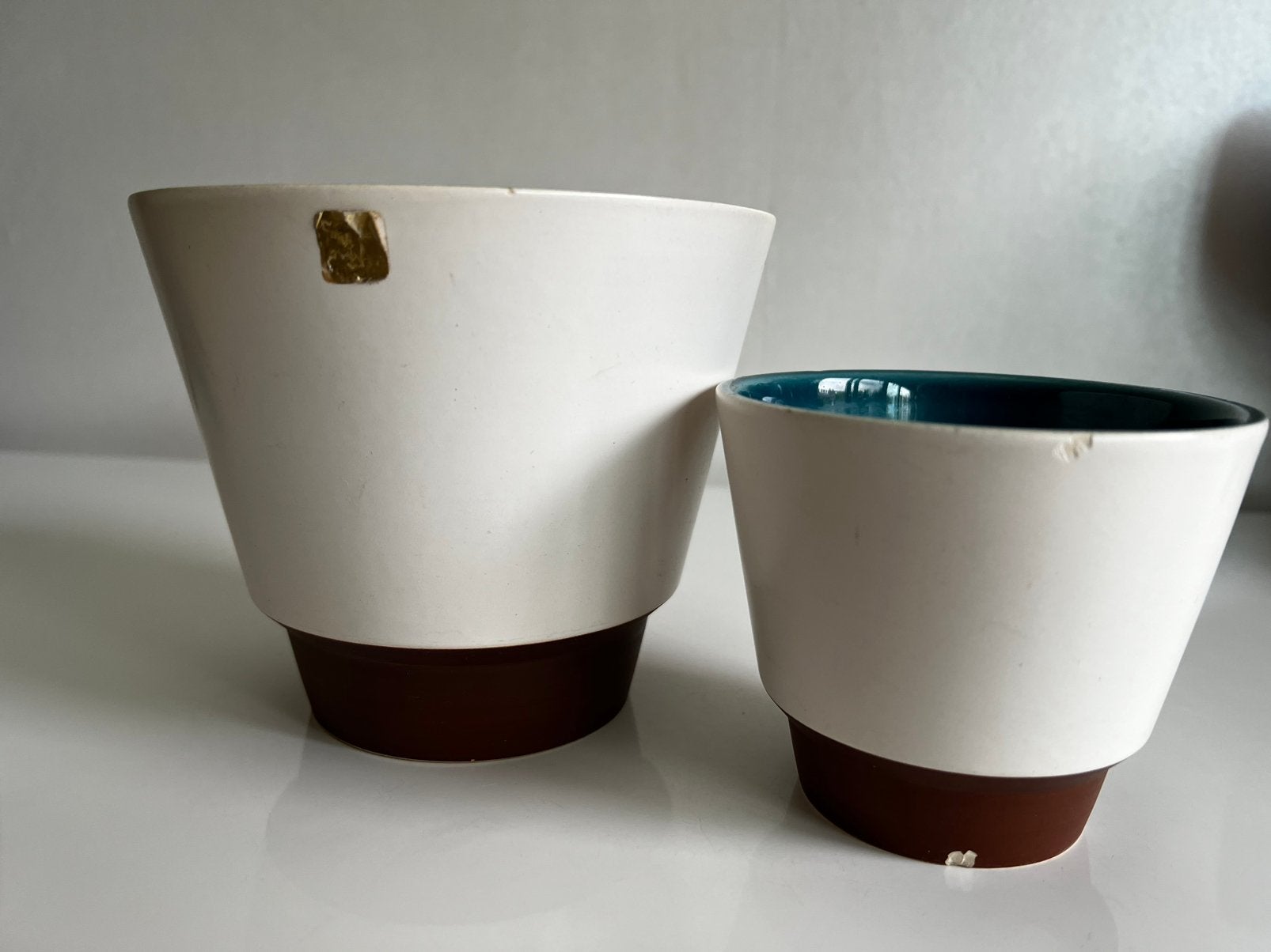 2 Vintage Fris Edam Bloempotten Wit Bruin Turquoise Glazurr, Ophalen of Verzenden