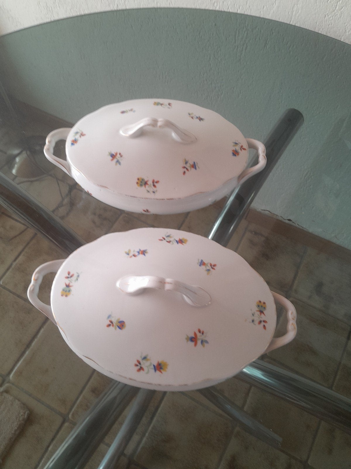 Set van 2 antieke porseleinen ovenschalen met deksel, Ophalen of Verzenden
