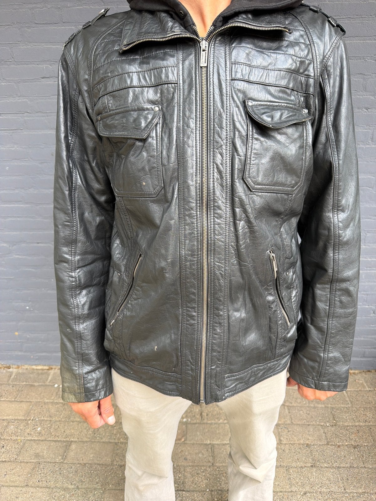 Heren leren jas Angelo Litrico met capuchon - Zwart, Kleding | Heren, Jassen | Winter, Ophalen of Verzenden, Gedragen, Maat 56/58 (XL)