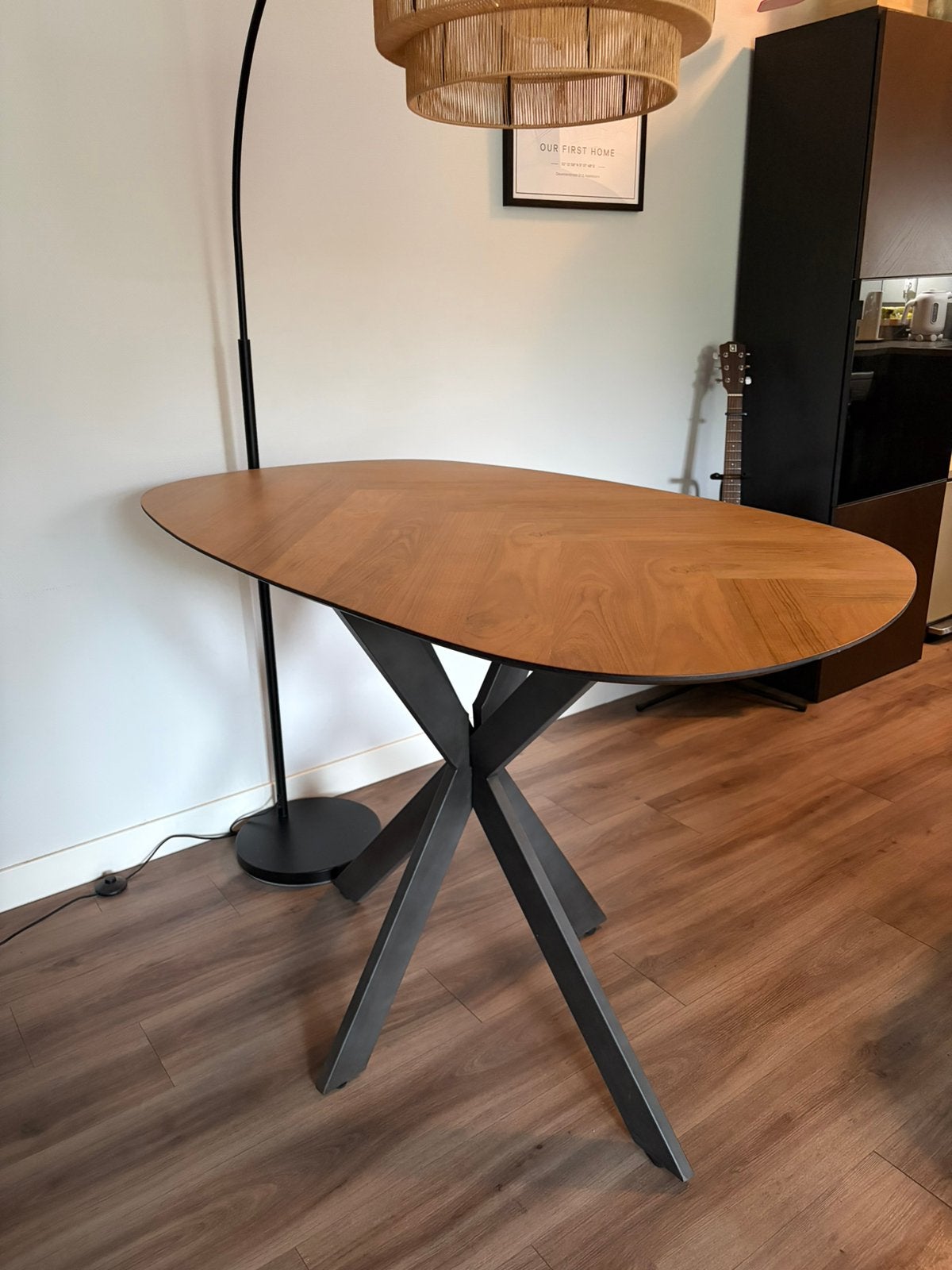 Ovale bartafel houtlook 140x80 met metalen poot, Ophalen, 100 tot 150 cm, 50 tot 100 cm, Zo goed als nieuw
