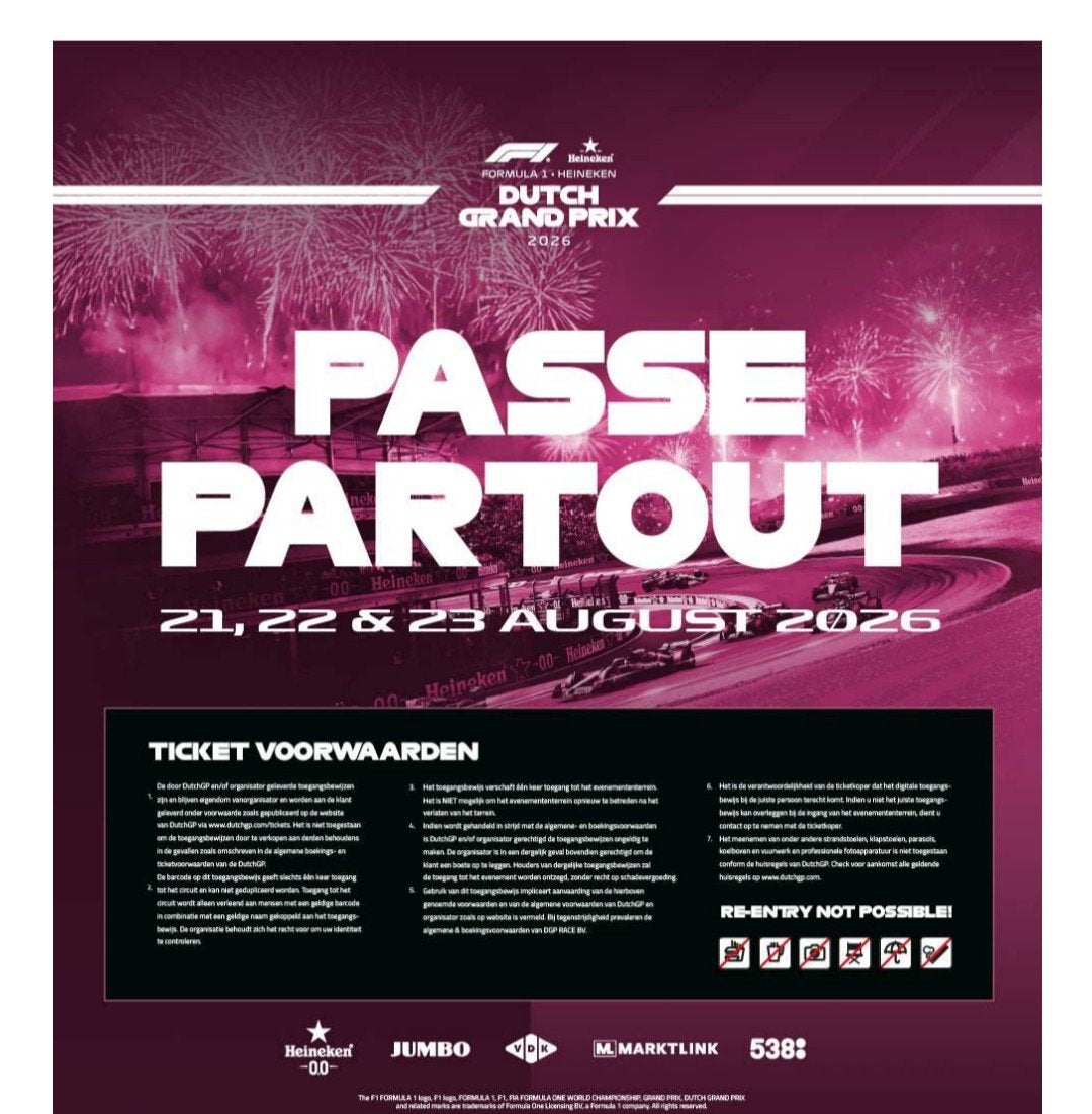 3-DAYS E-TICKET ARENA IN ZANDVOORT F1 2026, Eén persoon, Meerdaags