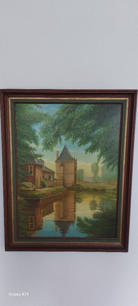 M. Ligtvoet – Hollands Kasteelgezicht met Weerspiegeling, Ophalen, Paneel, Landschap, Olieverf