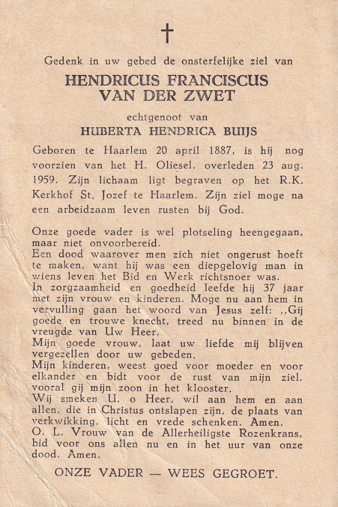 Zwet Hendricus 1887 Haarlem 1959, Ophalen of Verzenden, Bidprentje