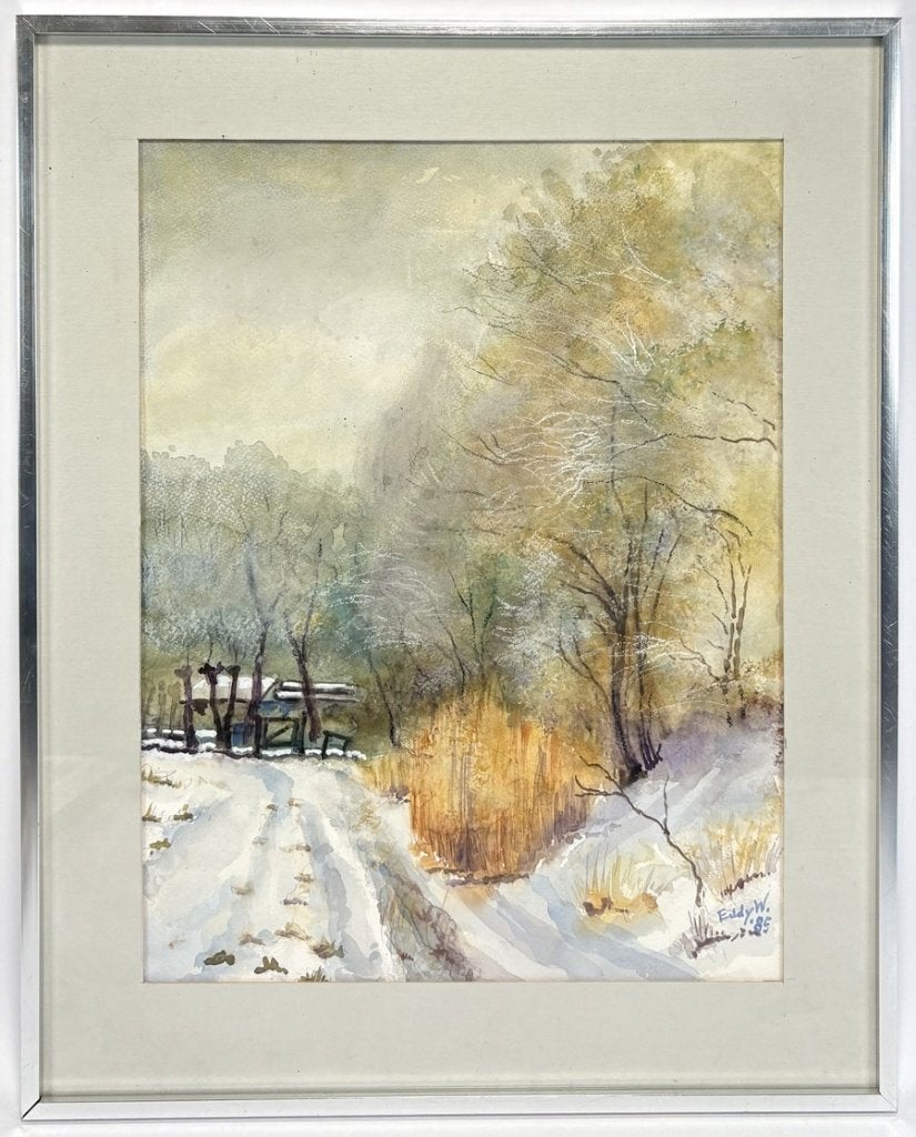 1081. Aquarel, Eddy Wierenga – winters boslandschap, 1985, Antiek en Kunst, Landschap, Aquarel, Papier/karton, Gesigneerd