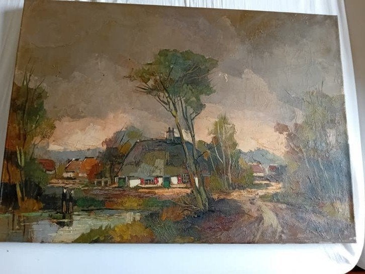 Olieverfschilderij Landschap met Boerderij in de Kempen, Doek, Expressionistisch, Ophalen of Verzenden, Landschap