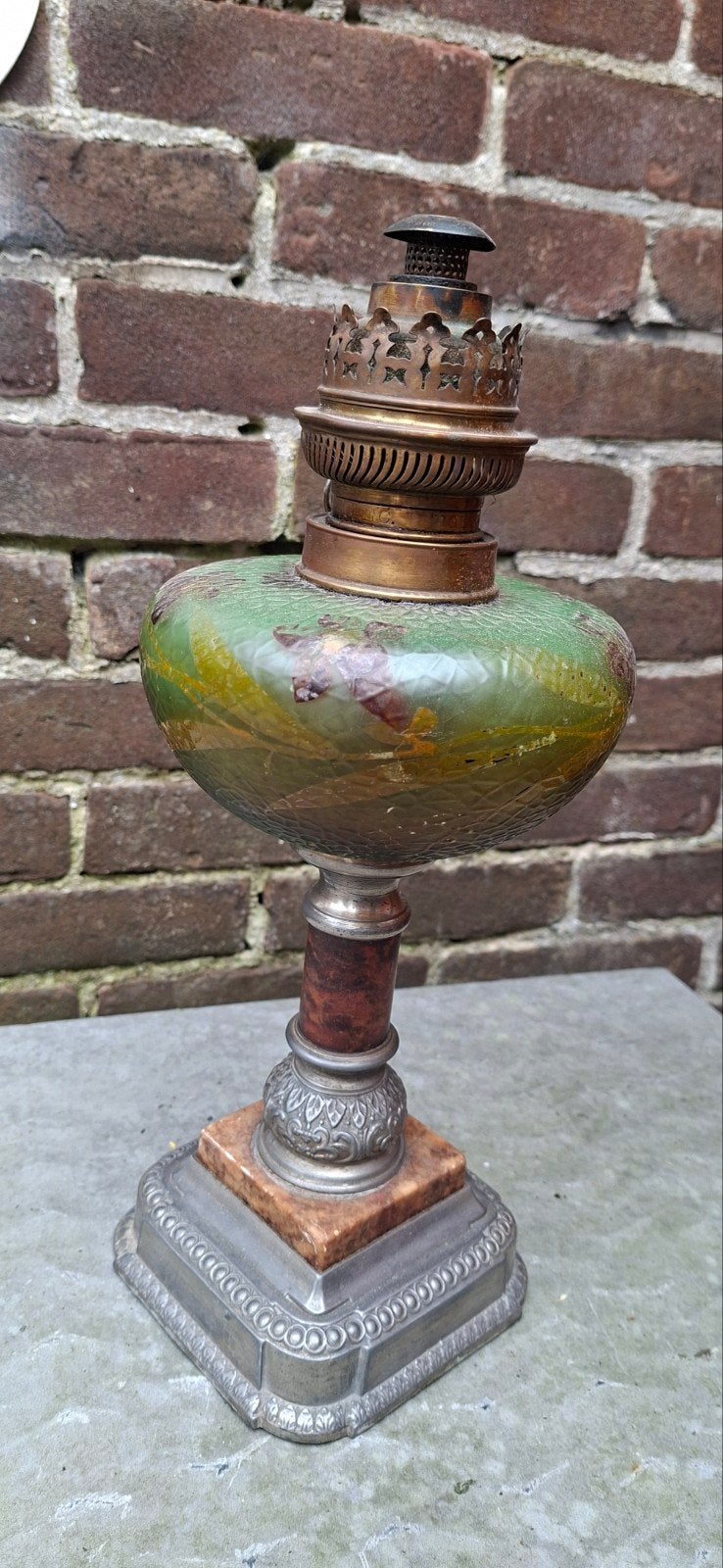 antiek olielamp HS met groen glazen reservoir napoleon III, Ophalen of Verzenden