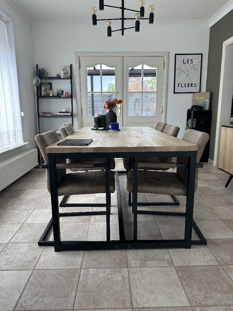 Industriële eettafel 200100 met 6 armstoelen, Huis en Inrichting, Ophalen, Gebruikt, 200 cm of meer, 50 tot 100 cm