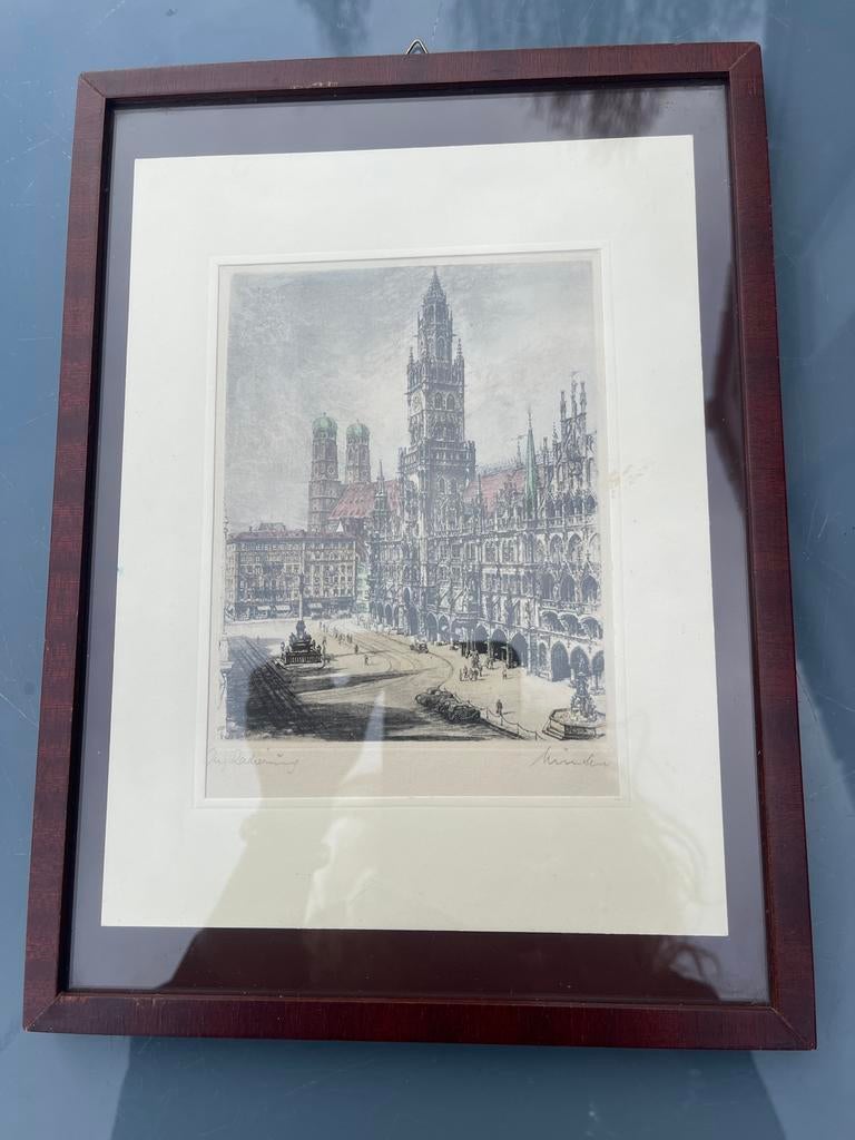 Gesigneerde ets Neues Rathaus München, Ophalen of Verzenden