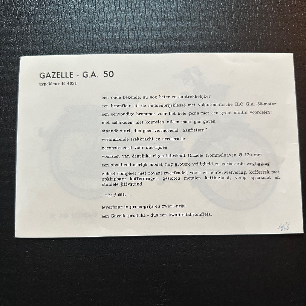 #9) GAZELLE G.A.50 1966 Bromfiets Folder GA50, Ophalen of Verzenden, Gelezen, Folder