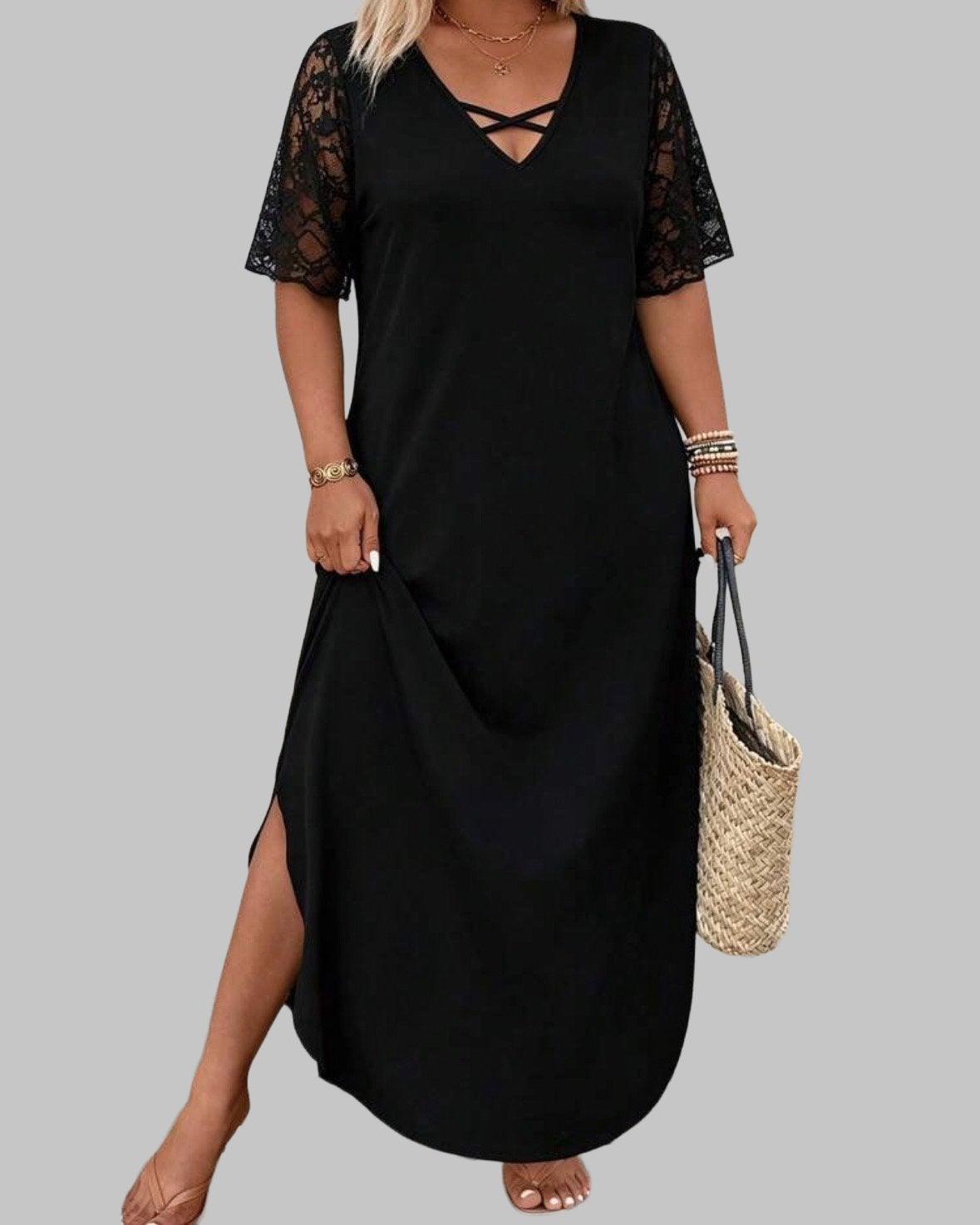 Zwarte Maxi Jurk met Kanten Mouwen (44-52), Kleding | Dames, Grote Maten, Verzenden, Nieuw, Zwart, Jurk