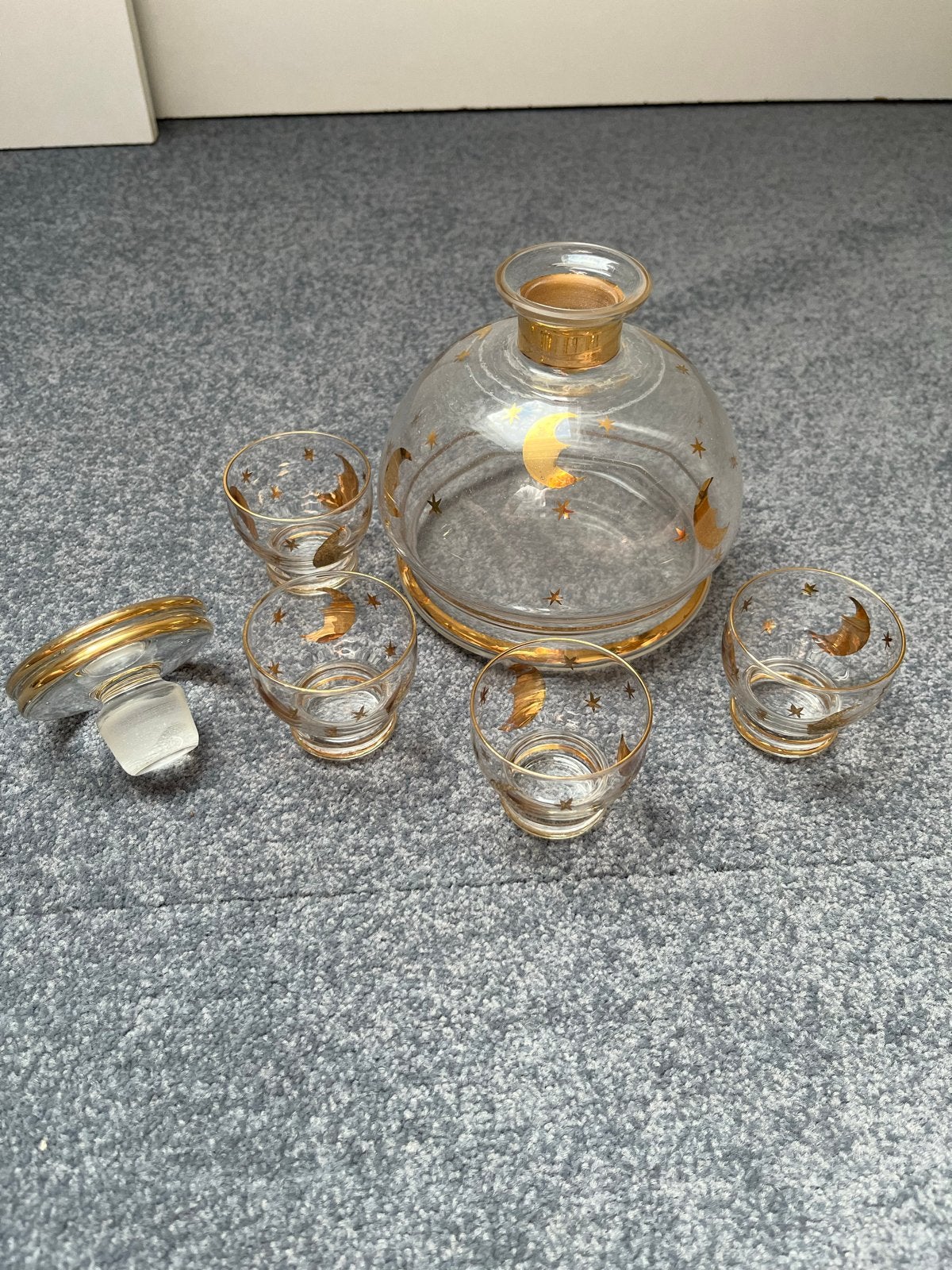 Vintage Glazen Karaf met Borrelglaasjes - Maan & Sterren, Ophalen