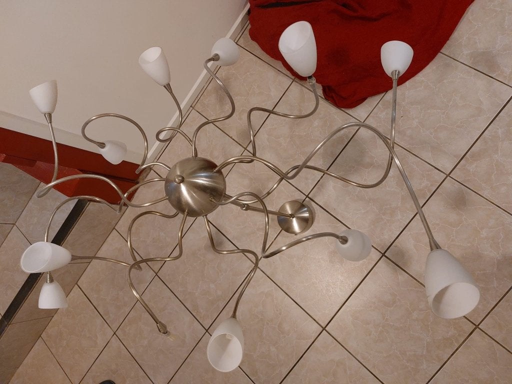 kroonluchter met glazen kapjes, Huis en Inrichting, Lampen | Kroonluchters, Ophalen, Gebruikt, Glas