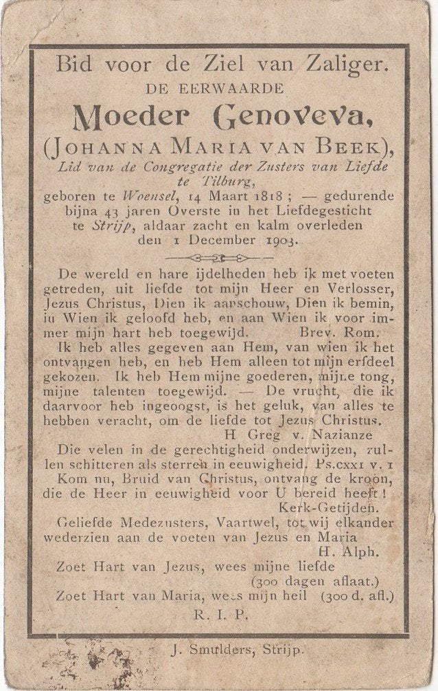 zr. Johanna M. van Beek 1818 Woensel + 1903 Strijp, 85 jaar, Verzenden