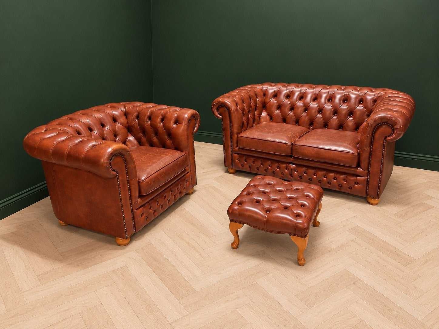 Chesterfield Cognac Set, Huis en Inrichting, Ophalen, Zo goed als nieuw, Leer