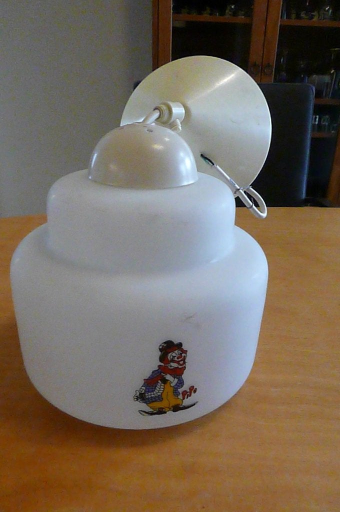 glazen oude kinderhanglampje met afbeelding pipo de clown, Ophalen of Verzenden, Gebruikt, Glas, E27 (groot)