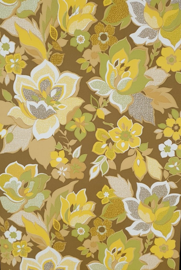 13557 Origineel groovy behang met bloemen en bladeren swiet, Ophalen of Verzenden, Beige