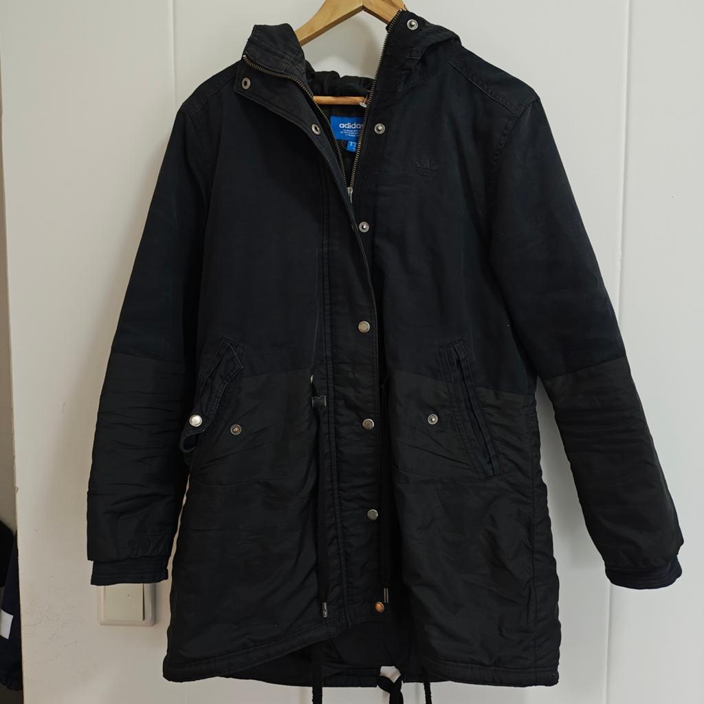 Adidas vintage Zwarte Parka Jas met Hoodie capuchon- Maat M, Maat 38/40 (M), Adidas, Zwart, Ophalen of Verzenden