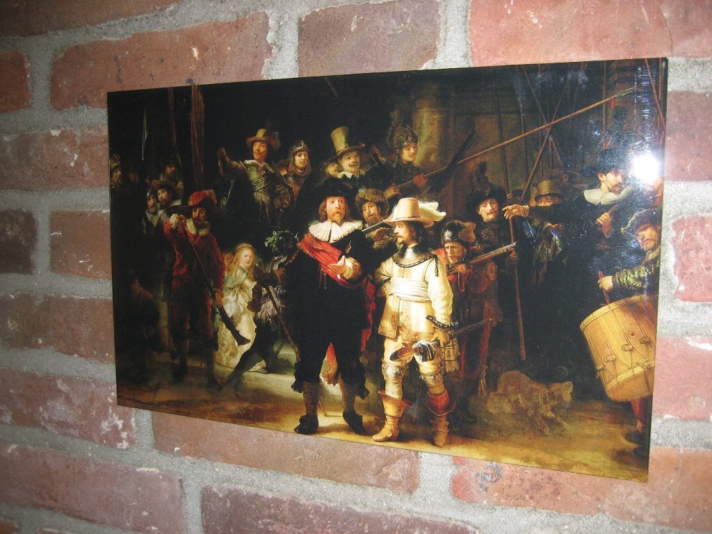 Schilderij De Nachtwacht van Rembrandt op glas - 40 x 25 cm, Antiek en Kunst, Curiosa en Brocante, Ophalen