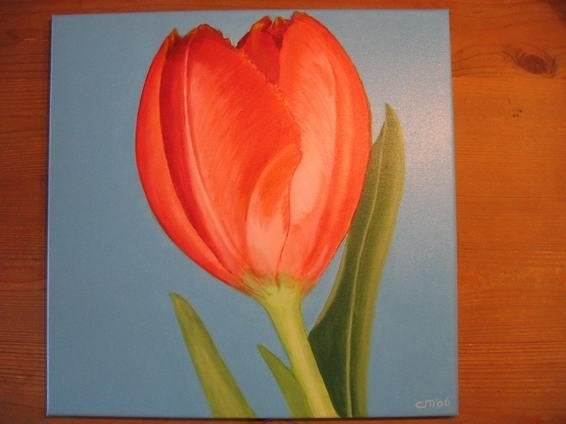 Handgeschilderd: Tulp op blauwe achtergrond (40 x 40 cm.), Huis en Inrichting, Ophalen, Minder dan 50 cm, Oorspronkelijke maker